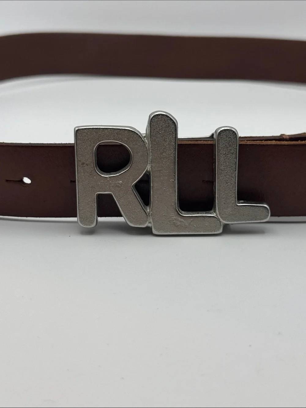 Unique Vintage Ralph Lauren Brown Leather RLL Monogram Buckle Belt Size L